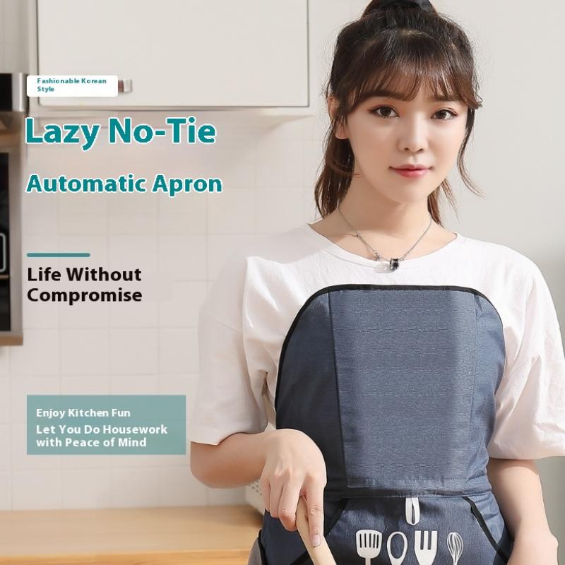 Automatic No-Tie Waterproof Oil-Resistant Home Use Apron Tech Fabric Hand Print Logo Korean Style Household Goods