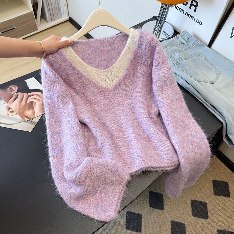 Color Block V-Neck Long Sleeve Knit Sweater - Women's Autumn/Winter Loose Fit Two-Piece Style Cardigan