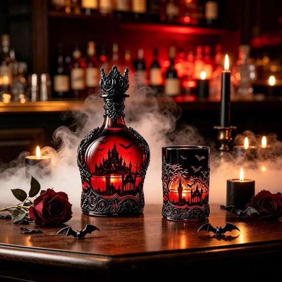Glass Wine Cup 1200ML Halloween Bat Castle Whiskey Bottle, 320ML Vintage Gothic Theme Bottle Cup, Decorative Liquor Decanter Flask for Home