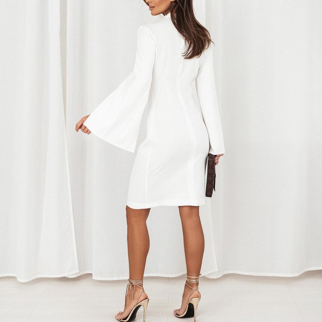 Women's Summer Midi Dress V Neck Long Slit Horn Sleeves Solid Color Business Formal Party Dress
