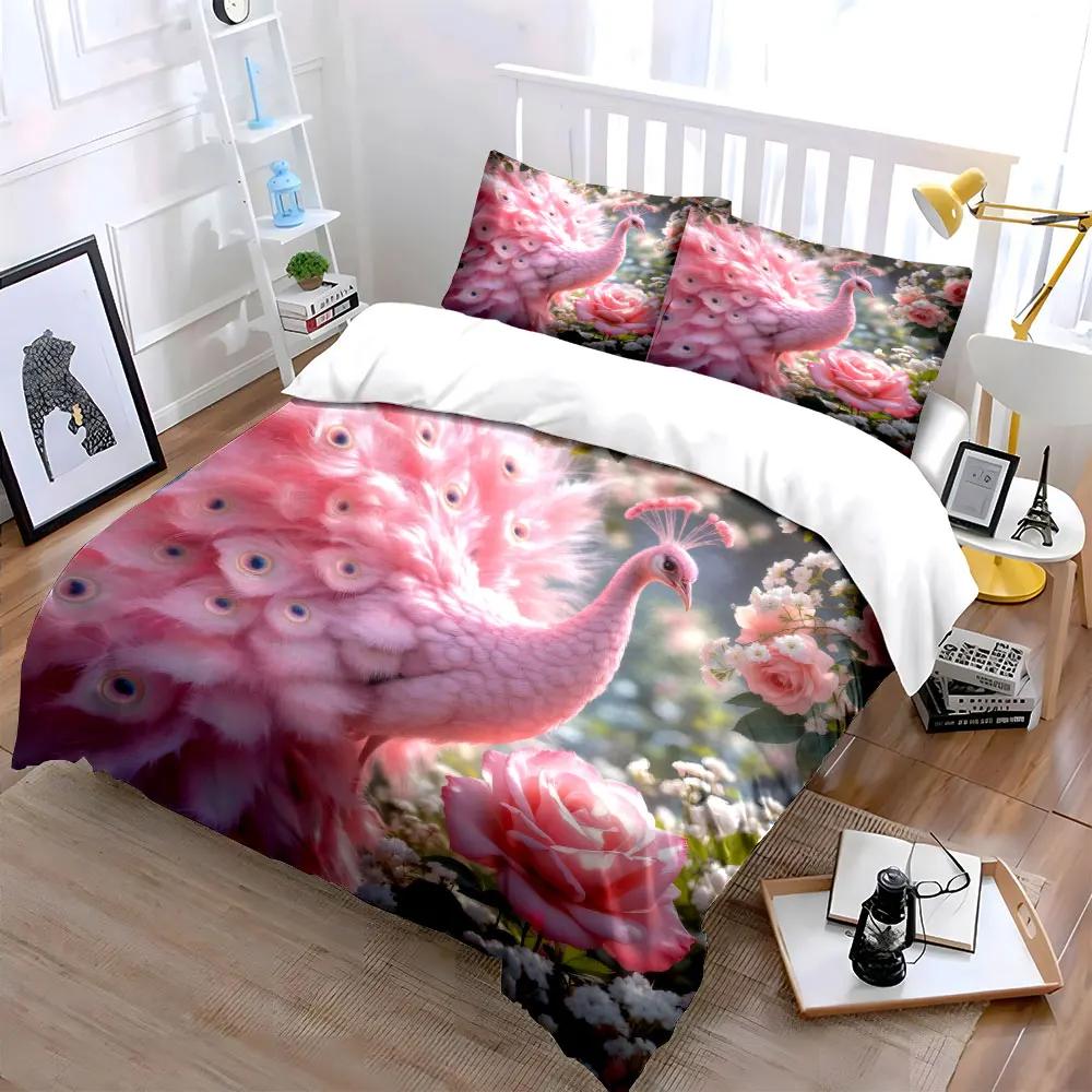"""Set de décoration Paon Rose" Ensemble de literie Housse de couette Douce et Confortable Comprend 1*Housse de couette & 2*Taies d'oreiller Cadeau"""