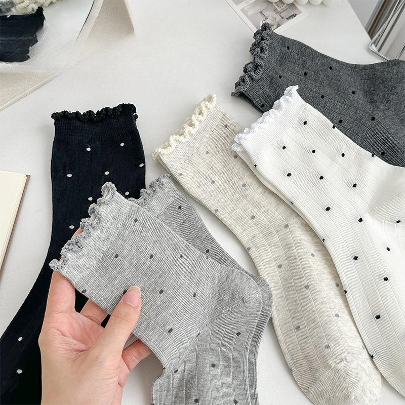 Black Fungus Polka Dot Mid-calf Socks for Women, Cotton Socks for Autumn and Winter, Boneless Pile Socks for Trendy Ladies