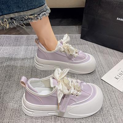 Petites chaussures blanches mignonnes moches automne nouveau ruban muffin plateforme chaussures pour femmes décontractées confortables rehausse simple chaussures simples