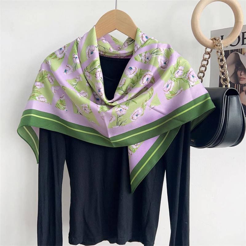 Spain Fashion Cross Plaid Floral Square Silk Scarf Women High Quality Print Soft Shawls and Wraps Bufandas Muslim Hijab 90*90Cm