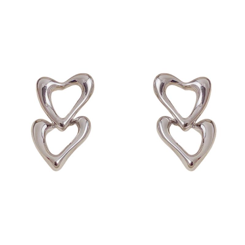 Elegant Metal Hollow Double Heart Dangle Earrings - Unique and Versatile Cold Style Fashion