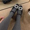 Grey rhinestone flat-bottomed Mary Jane shoes for women's winter wear, new Korean version of square-headed woolen single shoes, velvet t