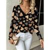 Sommer Damen 3D-Druck V-Ausschnitt Langarm T-Shirt Mode Vielseitig Atmungsaktiv Trend Lässig