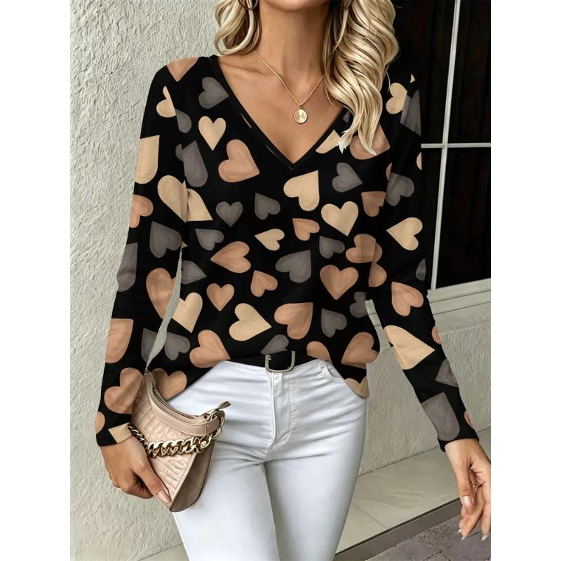 Sommer Damen 3D-Druck V-Ausschnitt Langarm T-Shirt Mode Vielseitig Atmungsaktiv Trend Lässig