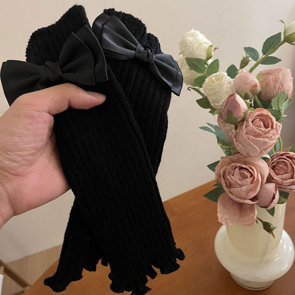 Y2k Knitted Bow Gloves Gothic Fingerless Gloves Soft Wool Sleeve Cuff  Ladies