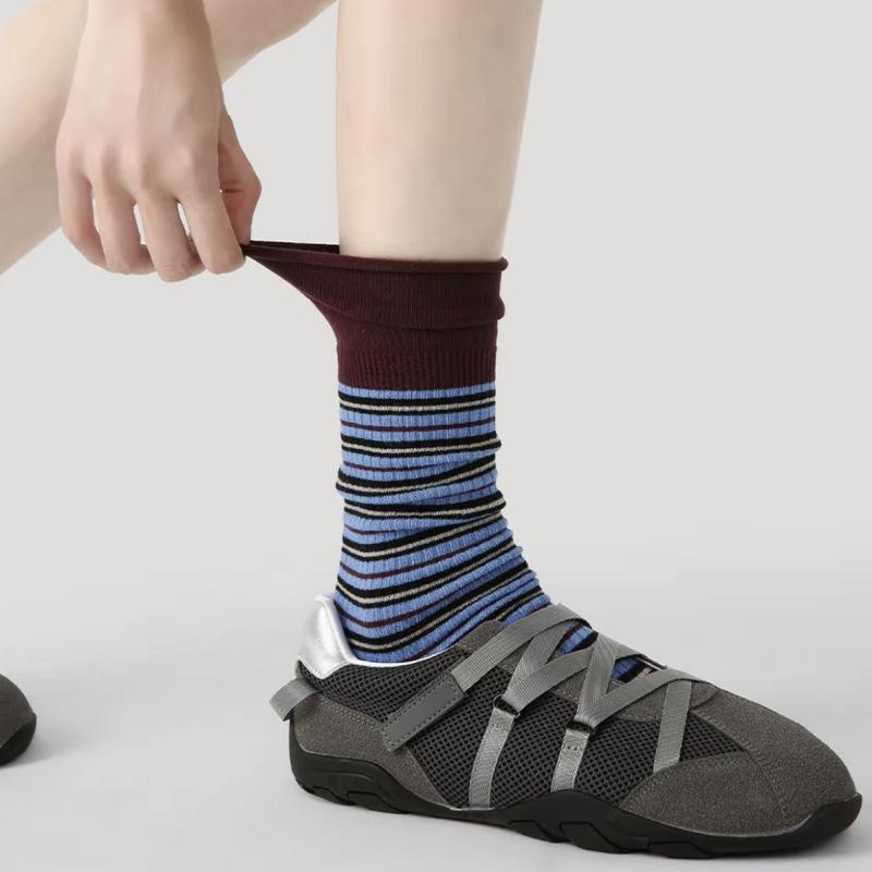 

Осенне-зимние полосатые носки до середины икры с цветными блоками для женщин, ретро и модные, в сочетании с махровыми носками из чистого хлопка 1 pair