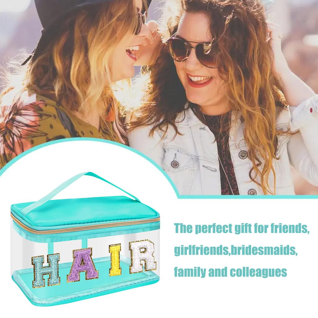 Green Large Capacity Transparent Makeup Bag HAIR Letter Decor Cosmetic Pouch Travel Toiletry Organizer for Women Girls Bathroom