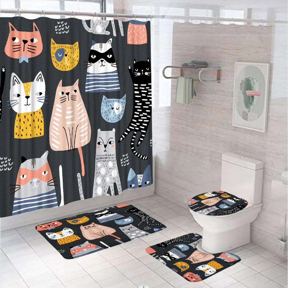 

Набор из 4 штук мультяшных штор для душа с котами для декора ванной комнаты, аксессуары, забавное домашнее животное, противоскользящий коврик, коврик для ванной, крышка для унитаза, дом