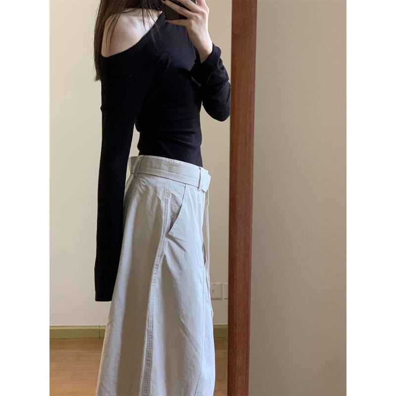 Kumikumi Fashion Set Ribbon Slim fit Long sleeves Shirt Women Autumn High Waist Skirt Flower Bud Skirt Two-piece Set