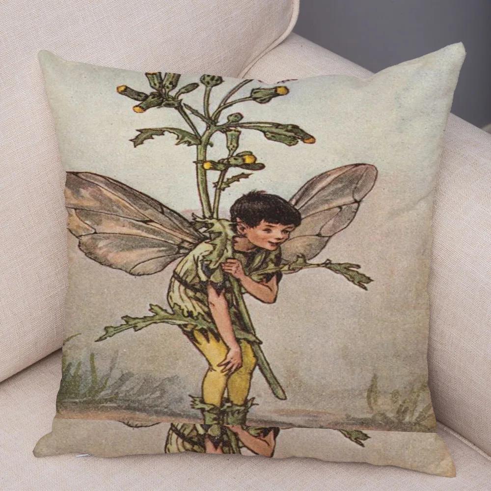 Vintage Cartoon Elfen Kissenbezug Dekor Bunte Märchenwelt Kissenbezug Plüsch Blumenmädchen Kissenbezug für Sofa Zuhause