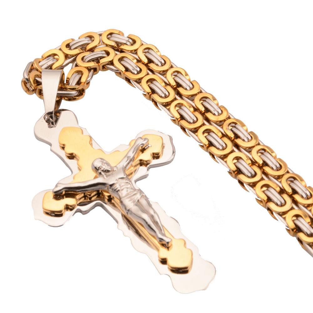 Nuova Moda 316 Acciaio Inossidabile Uomo Donna Colore Argento Ciondolo Croce Collana con 6mm 18-30 Pollici Catena Maglia Bizantina