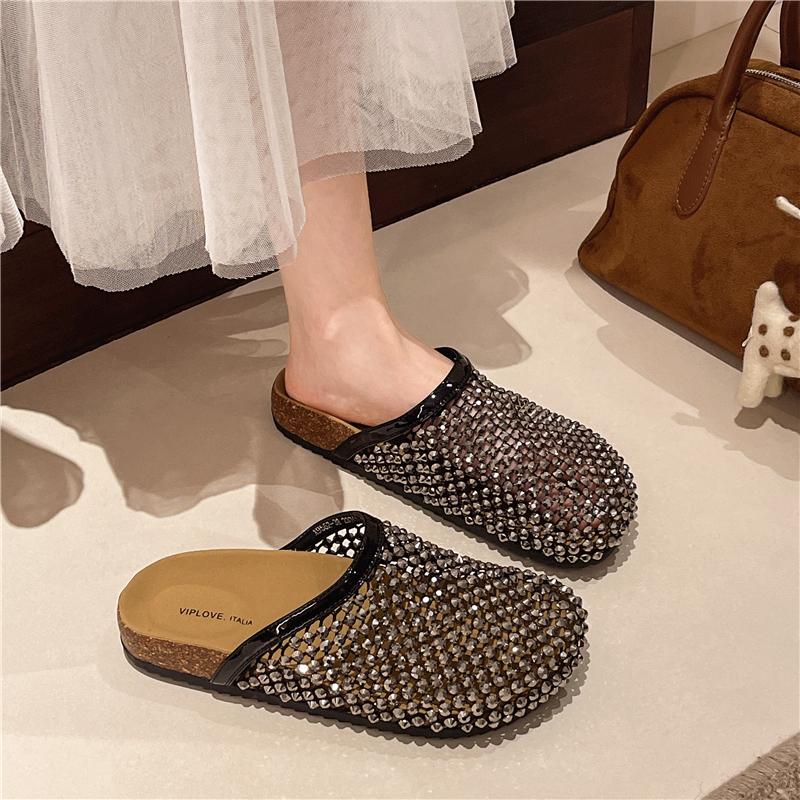 Platform-soled Boken Shoes Bag Head Half Slippers Women's Summer Wear 2025 New One-pedal Fishing Net Rhinestone Fairy Wind Sandals