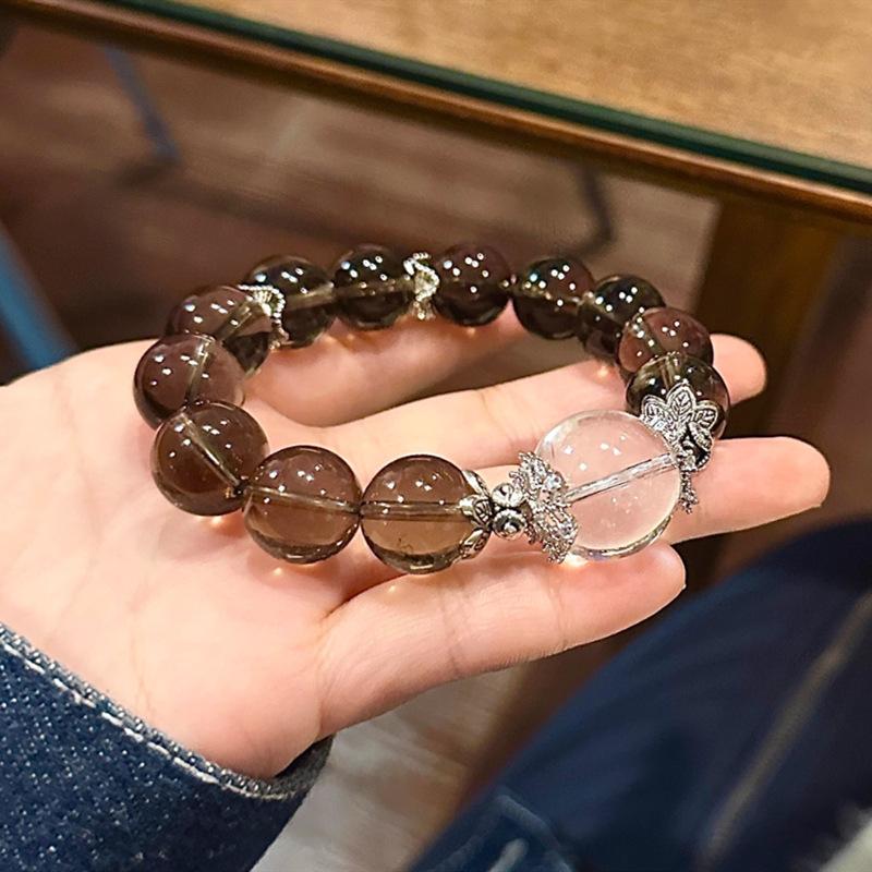 

Natural Tea Crystal12mm Single-loop bracelet paired with white crystal, new Chinese-style large bead bracelet, fashionable for both men and women