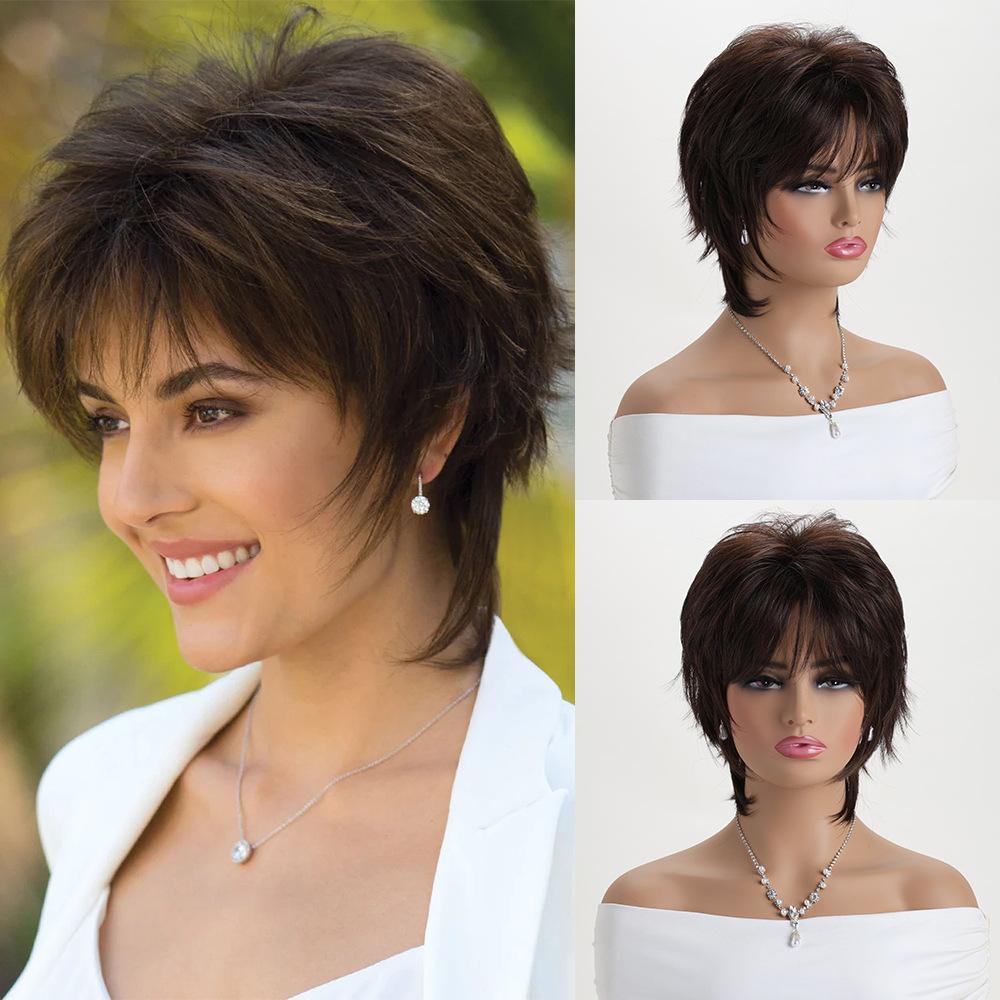 Short Dark Brown Pixie Cut Wigs for Women Synthetic Layered Highlight Wigs with Bangs Natural Fake Hair