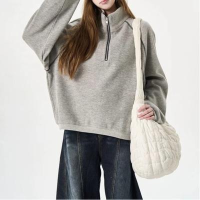 Advanced Half-zip Design Stand-up Collar Sweatshirt for Women Trendy American Retro Sports Style Loose and Versatile Top