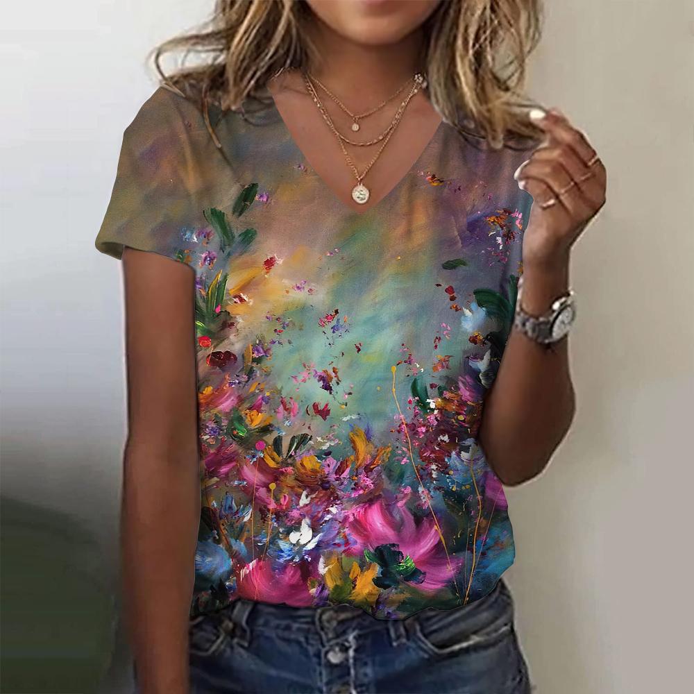 Floral Flower 3D Print T-Shirts Women's Summer V-Neck Short Sleeve T Shirt Street Y2K Casual Tees Harajuku Tops Female Clothing