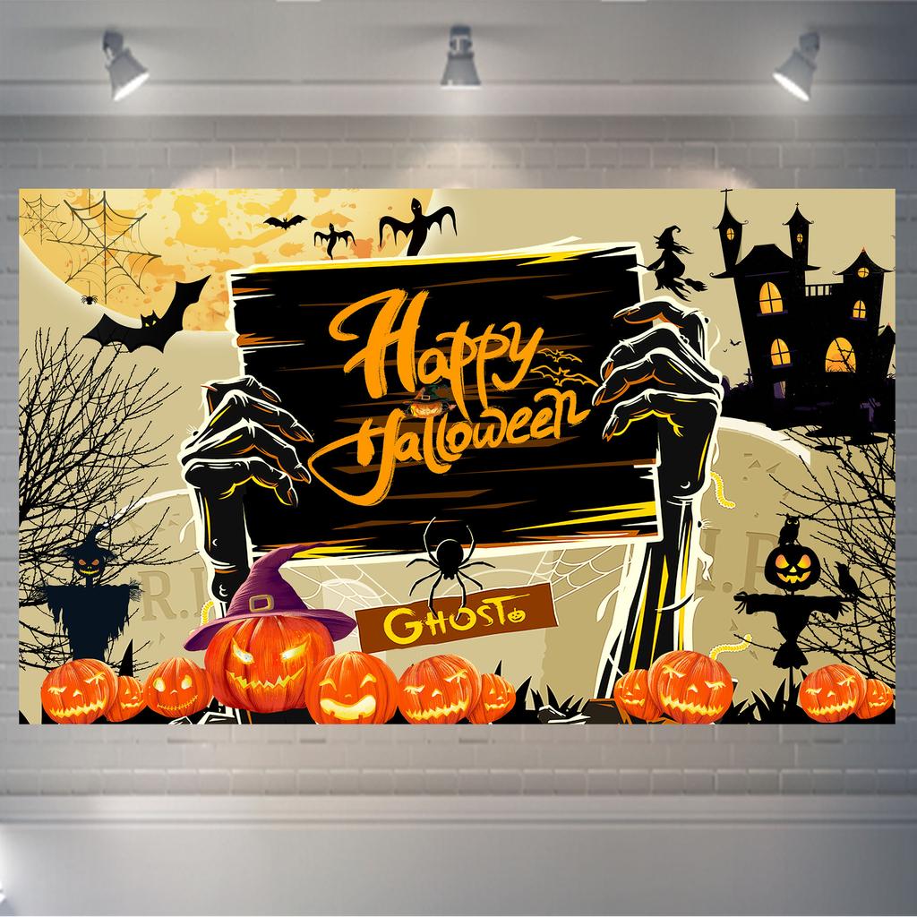 1pc Happy Halloween Party Backdrop Night Skeleton Hand Pumpkin Bats Dustproof Banner for Halloween Party Background Decoration