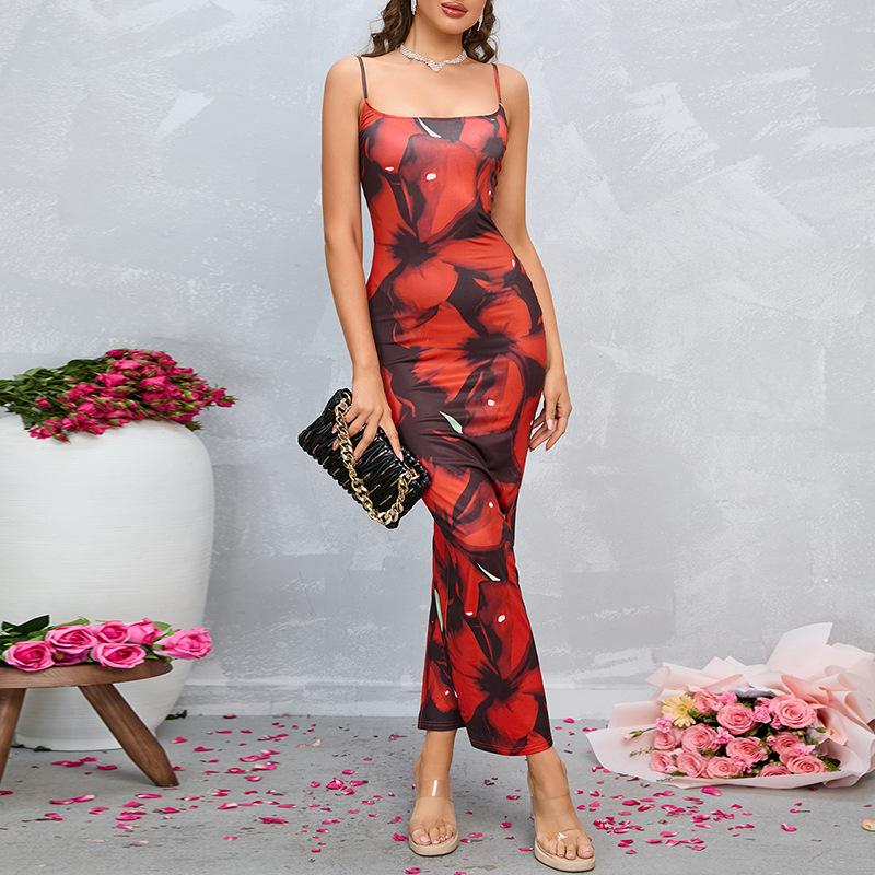 Dress, European and American sexy print halter split one-step skirt suspender dress