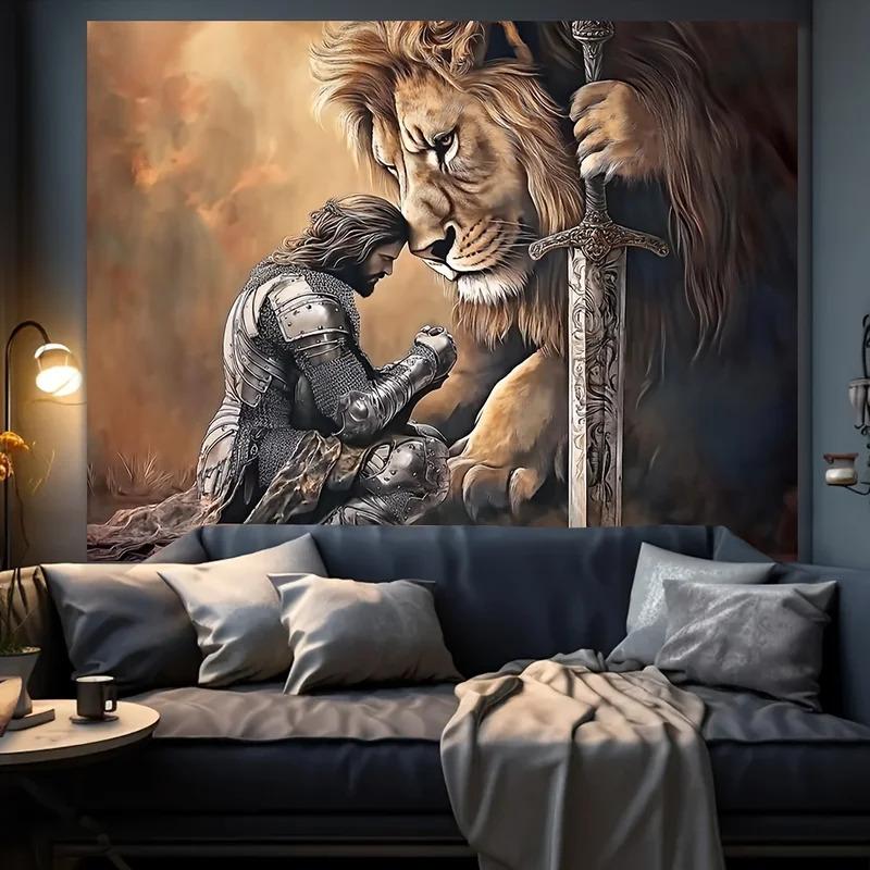 VIKAMA Knight and Lion Tapestry Vintage Fantasy Warrior Background Cloth Mysterious Power Wind Living Room Decoration
