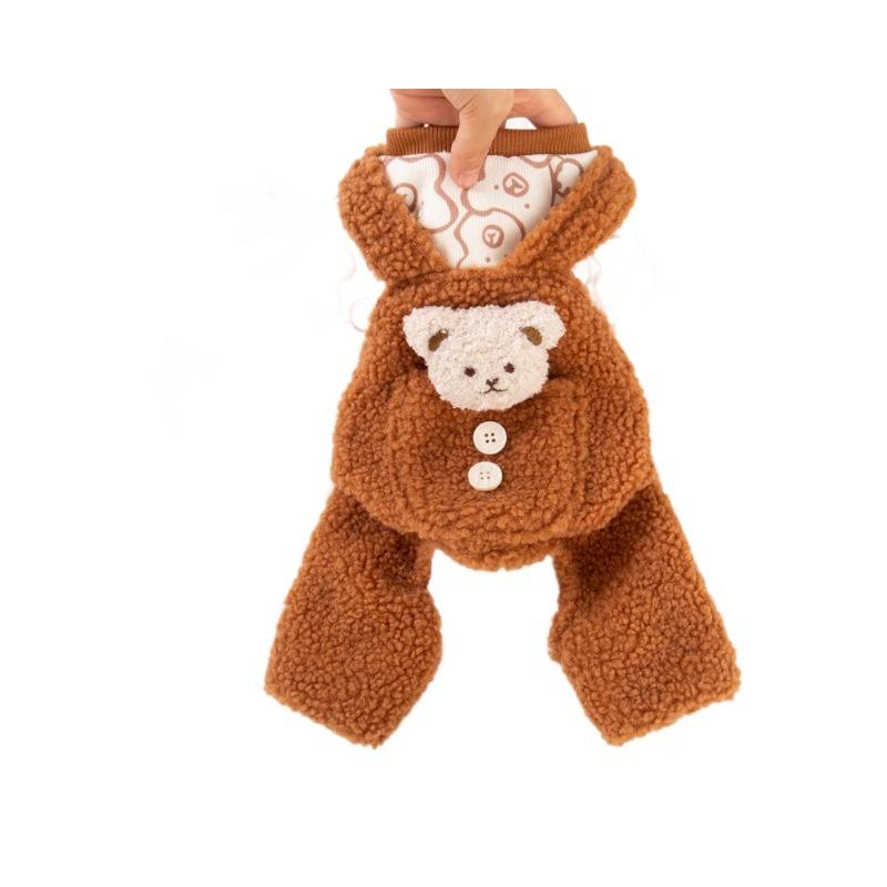 Winter Thickened Sherpa Overalls for Small Pets Dog Cat Double-Layered Thermal Coat with Bear Pocket Puppy Clothes