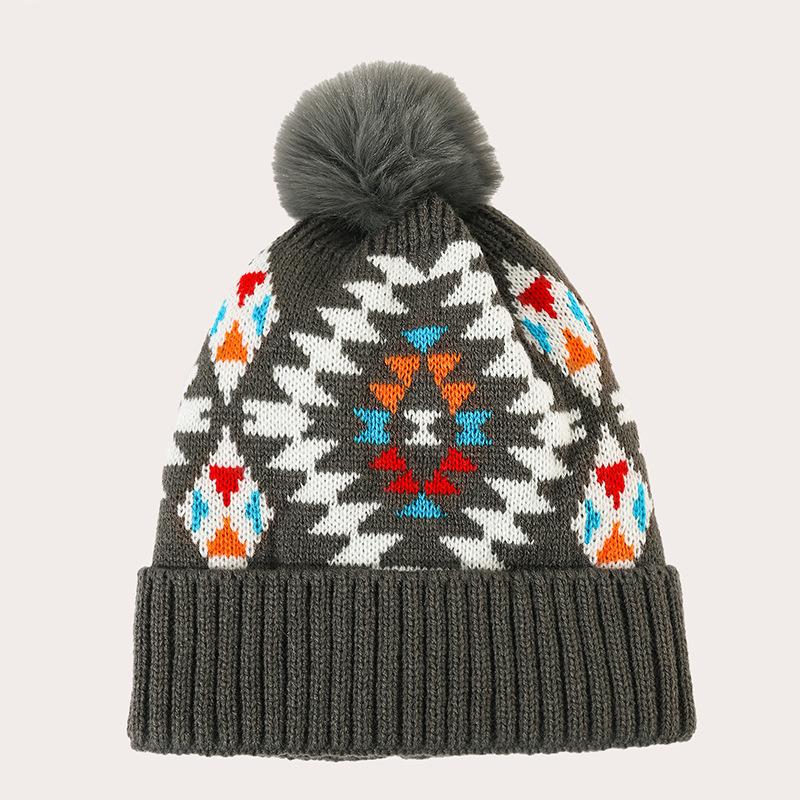 Hat Women's Winter Bohemian Colorful Plaid Jacquard Knitted Hat Imitation Hairball Warm Wool Hat
