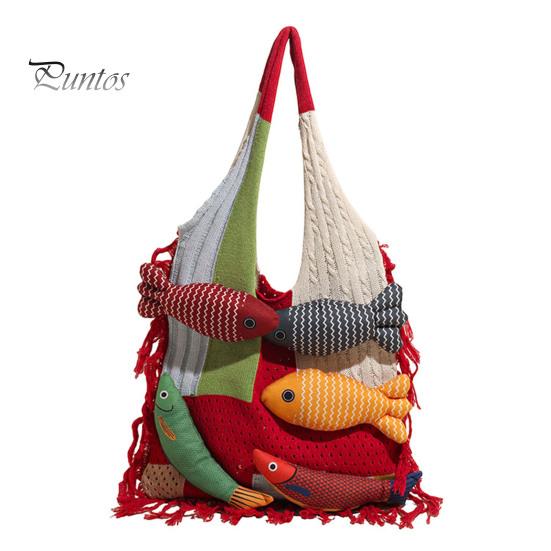 Fish Decoration Knitted Bag 3D Tote, Patchwork Shoulder with Tassels, Colorful Boho Women Purse for Daily Commuting Travel Shopping Practical Sundries