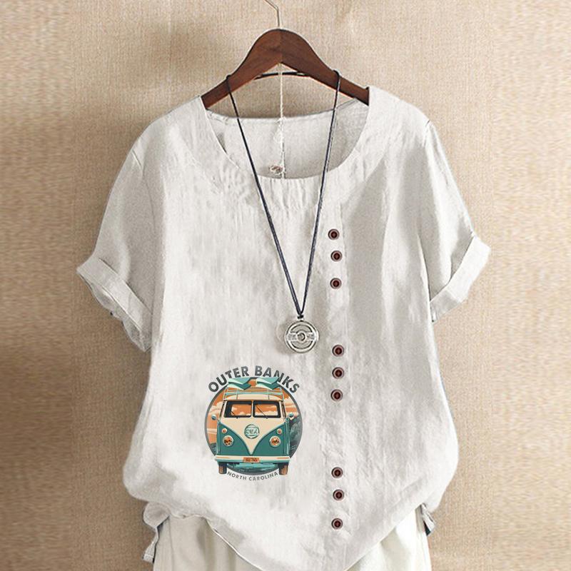 Damenmode Tourenwagen bedruckt Rundhals Kurzarm T-Shirt Lässig Baumwolle Leinen Grafikshirt Freizeit Locker Sommerbluse Tops