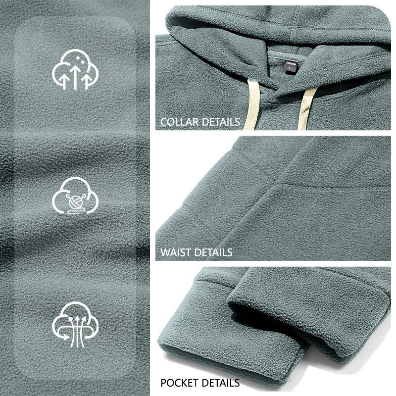 Men's Solid Color Loose Fit Polar Fleece Hooded Sweatshirt, Casual Sports Commute Pullover Hoodie with Pockets for Autumn Winter