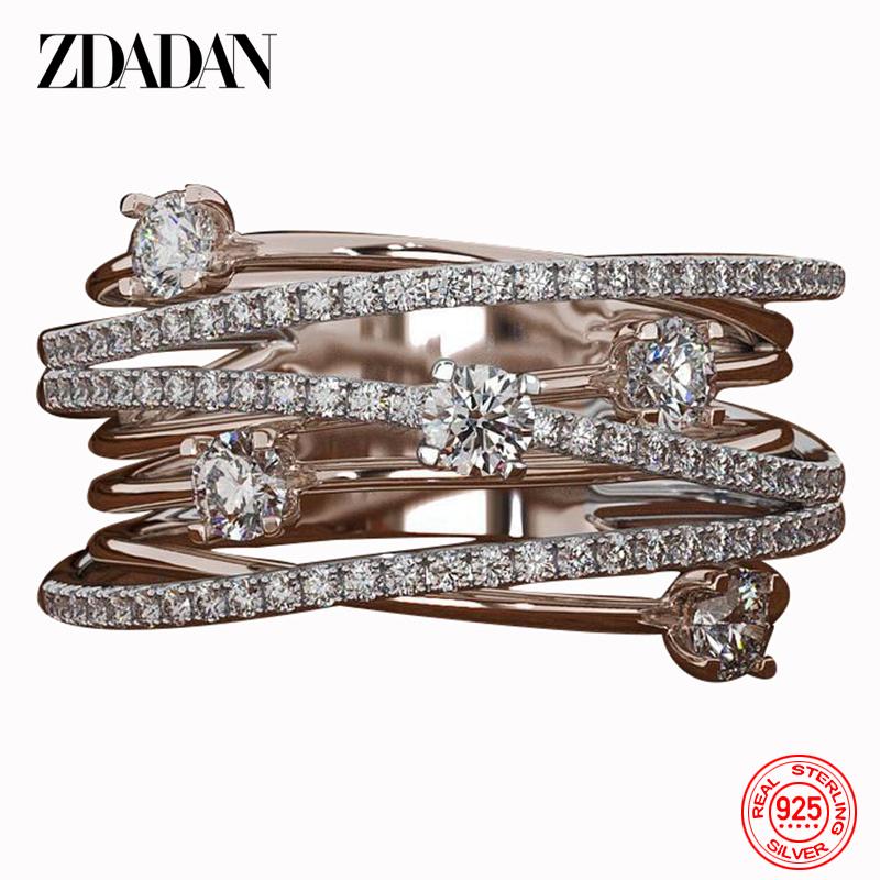 

925 Sterling Silver Multi Layer Zircon Finger Ring for Women Fashion Wedding Jewelry Gift 6 розового золота
