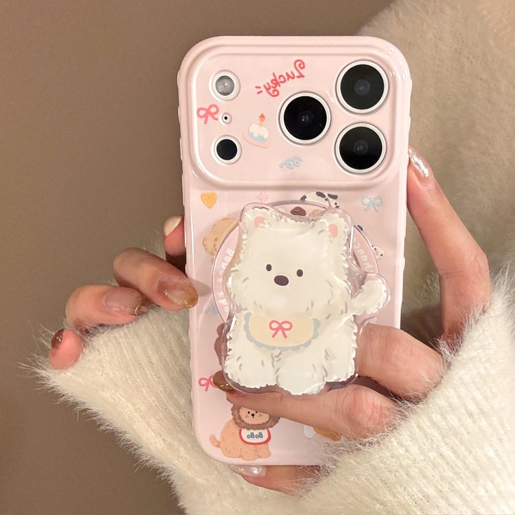 Korean Style Cartoon Puppy Suitable for Apple 17promax Mobile Phone Case Iphone16 Magnetic Bracket 15 Anti-fall 13 Soft Shell