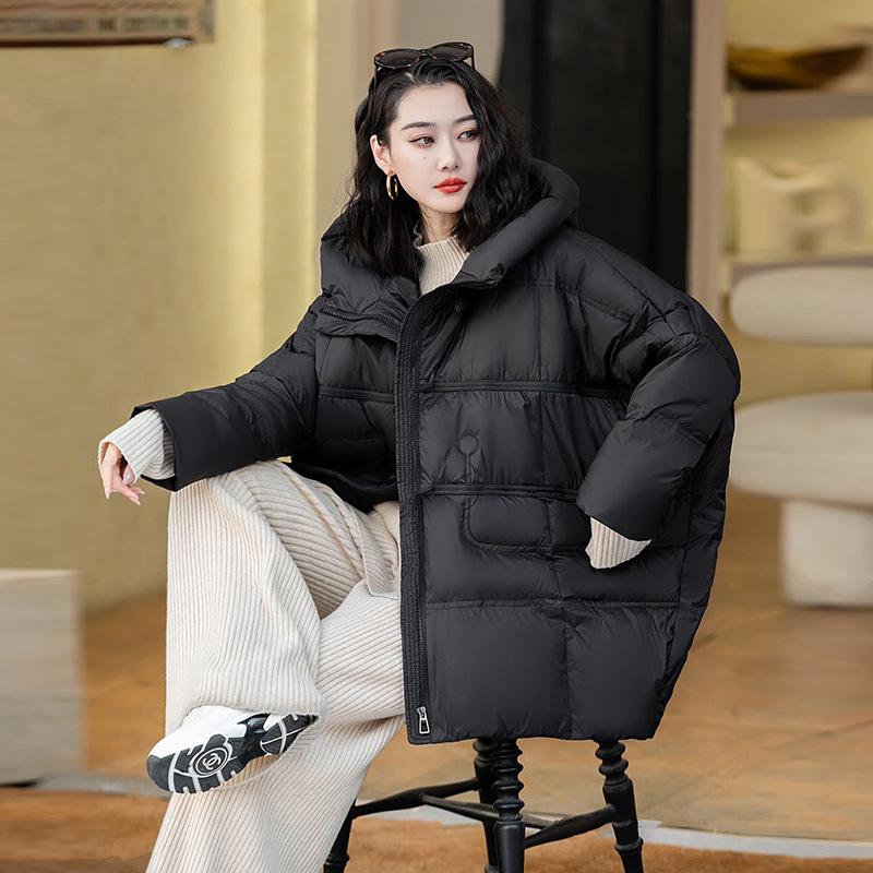 

Retro buckle large size down jacket women s 2025 winter literary hooded loose thickened white duck down fat MM jacket tide average size чорний