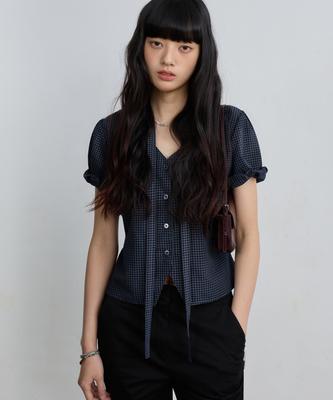 Yujen Soft Tie Button Blouse_Check Navy