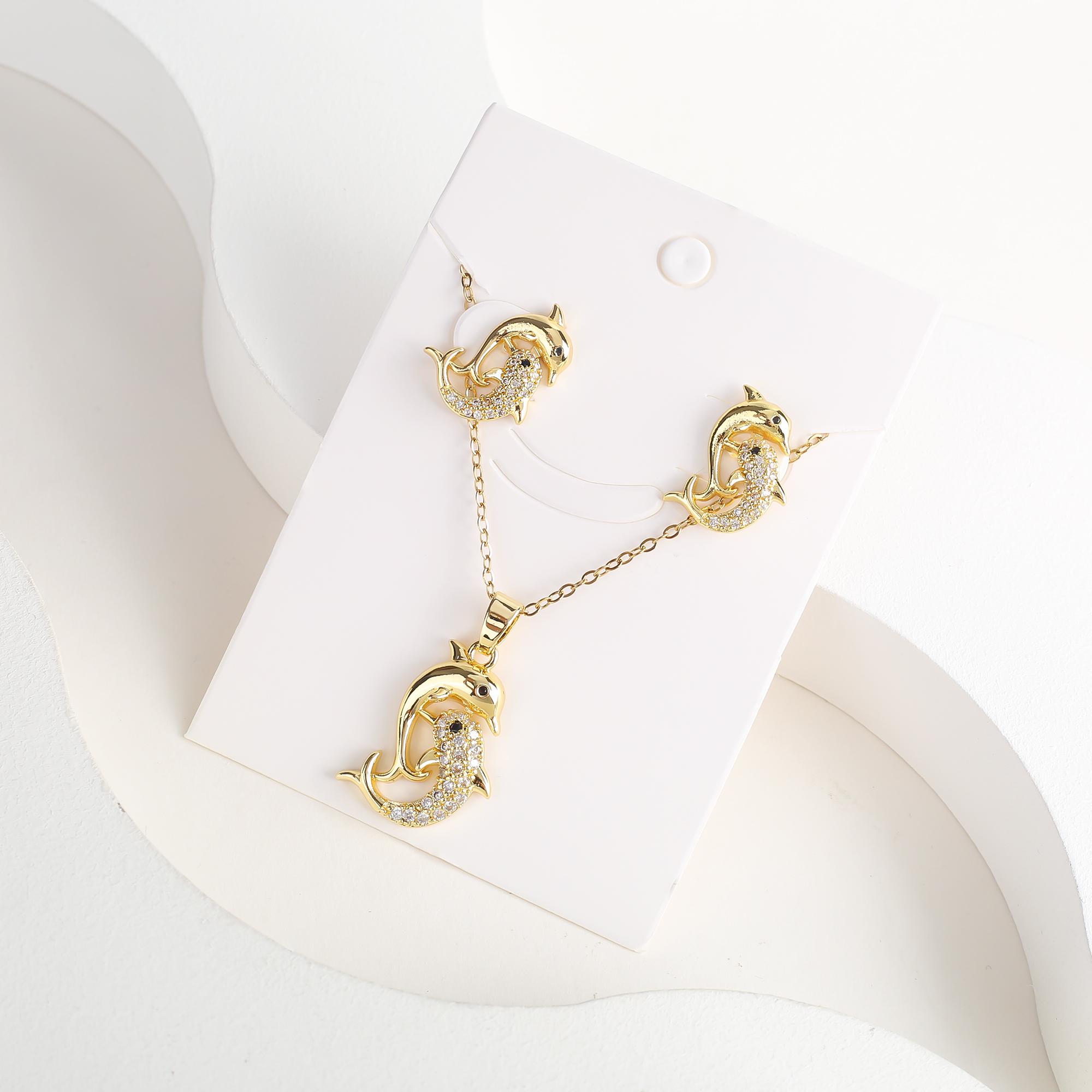 

New Cute Zirconia Animal Bear Dolphin Leopard Dog Pendant Necklace Set Girls Anti-Allergy Earrings Holiday Party Gift Wholesale