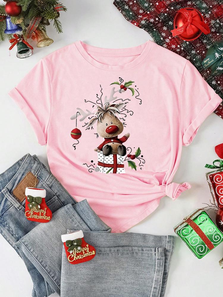 Women's Christmas Reindeer Print T Shirt Casual O-neck Short Sleeve T-Shirt Cute T-shirt Black Suitable All Seasons Tshirt Tops