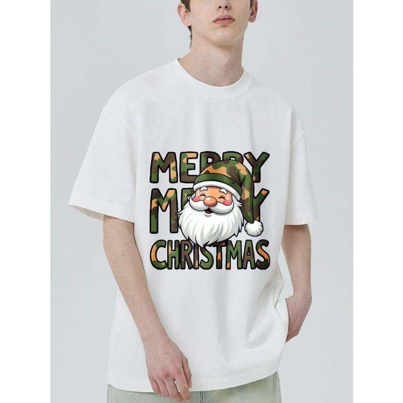 Christmas T-Shirt Black Camouflage Santa Claus Merry Christmas Print Holiday Party Wear