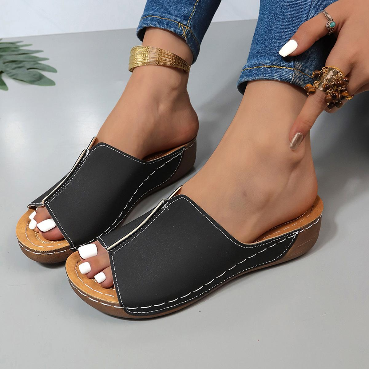 

Новые римские босоножки на наклонном каблуке женские летние 2024 года модные удобные римские сандалии женская обувь большого размера 36 чёрный