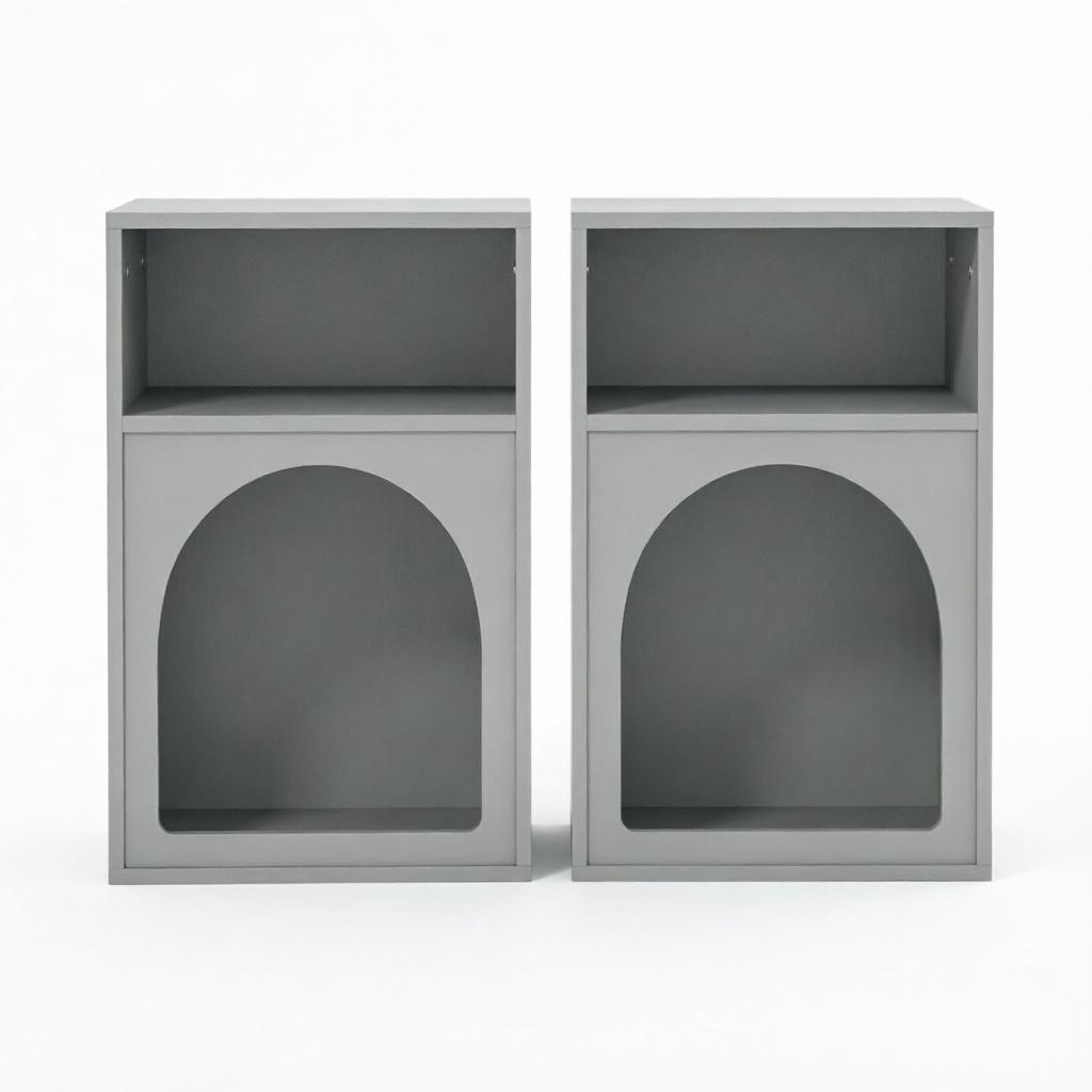 Set of 2 nightstands, bedside table with open compartments, curved design