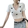 Love Print Knit Shirt Collar Short Sleeve Shirt Female Summer Thin Short Section Top Tide Casual Essential Comfort and Style Slim Fit Pullovers Tees