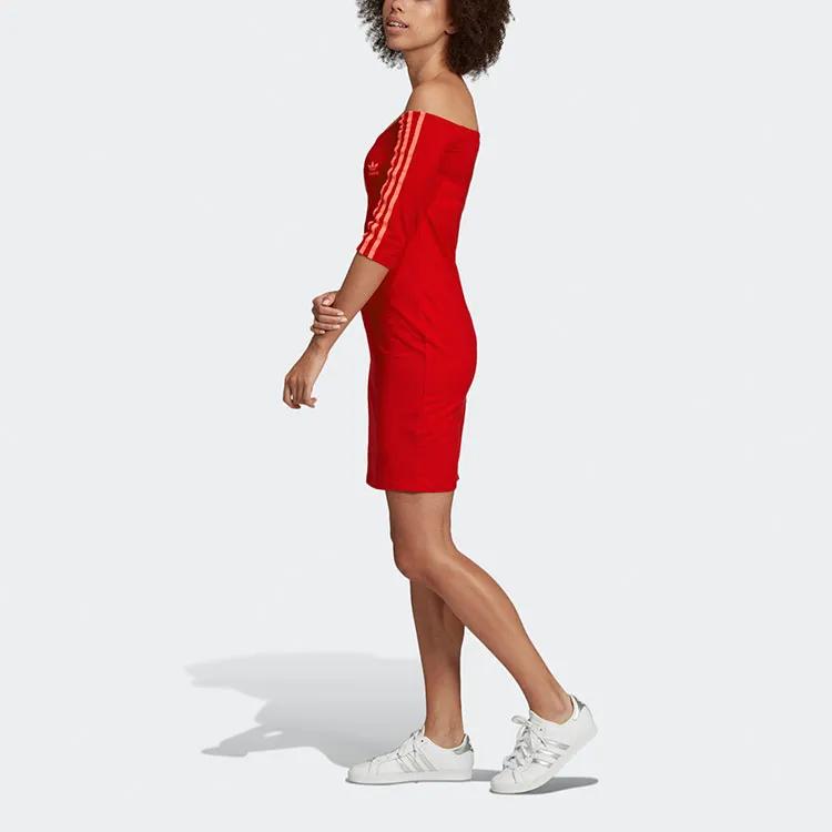 Adidas Originals Long Sleeved Dresses Women's Red Boat Neck Moderate Short (Unisex) Long-Sleeved Dresses ED7522