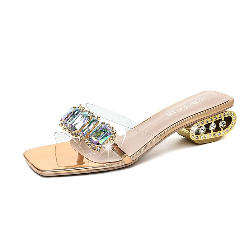Fashion Summer Glitter Slides Shoes Women Slippers Outdoor Heeled Mules Low Jelly 2024 High Thin Basic Rubber Crystal Rome Shoes