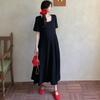 Dimanaf Women 2025 Plus Size Solid Dress Summer Vintage Dress Basic Long Casual Loose Black Dress Maxi