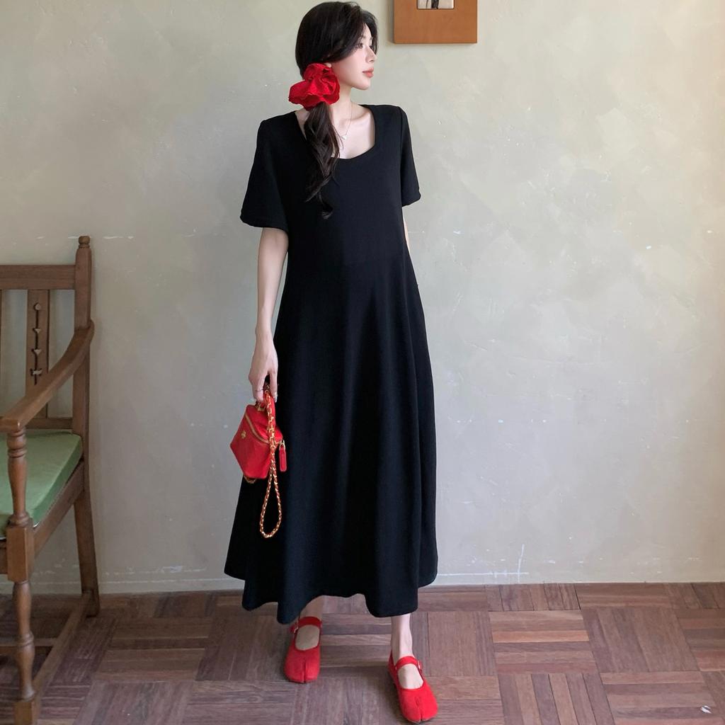 Dimanaf Women 2025 Plus Size Solid Dress Summer Vintage Dress Basic Long Casual Loose Black Dress Maxi