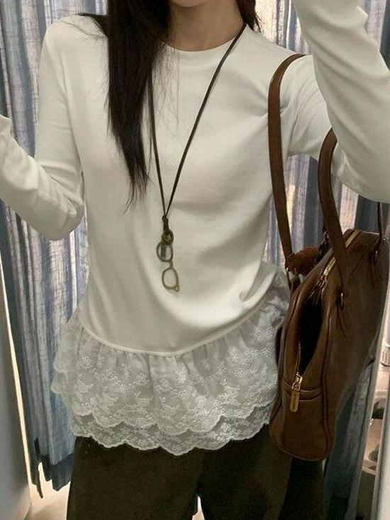 Women's Korean Style Long Sleeve White Lace Trim Base Layer Shirt for Autumn/Winter 2025