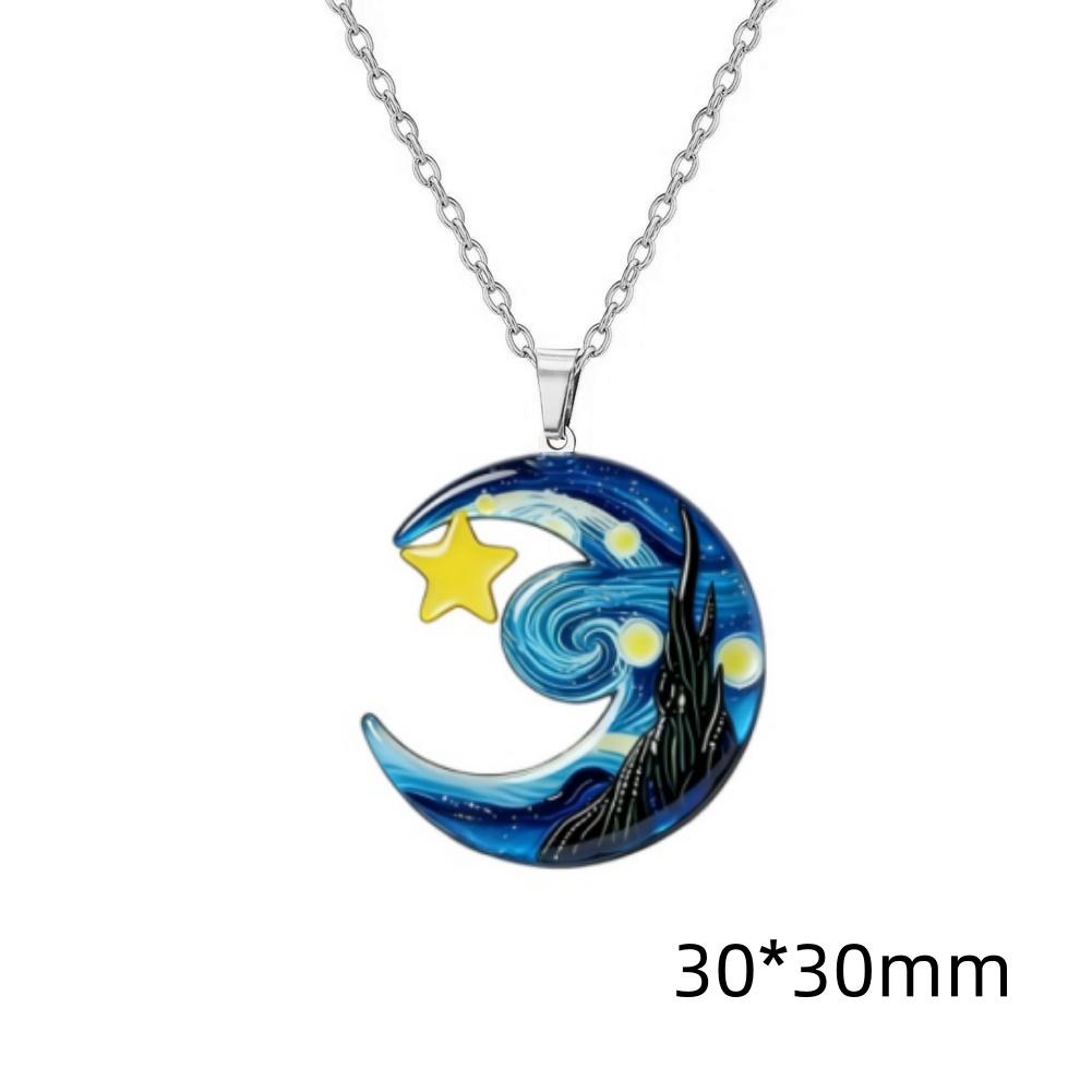 Van Gogh The Starry Night Necklace Star Moon and Black Cat Necklace Asymmetric Night Sky Necklaces For Women Birthday Jewelry