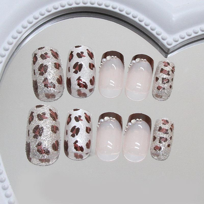 24 Pieces Medium and Long European Square Merad Cat's Eye Leopard Print French Pearl Diamond Autumn and Winter Temperament Nail Patch Diamond