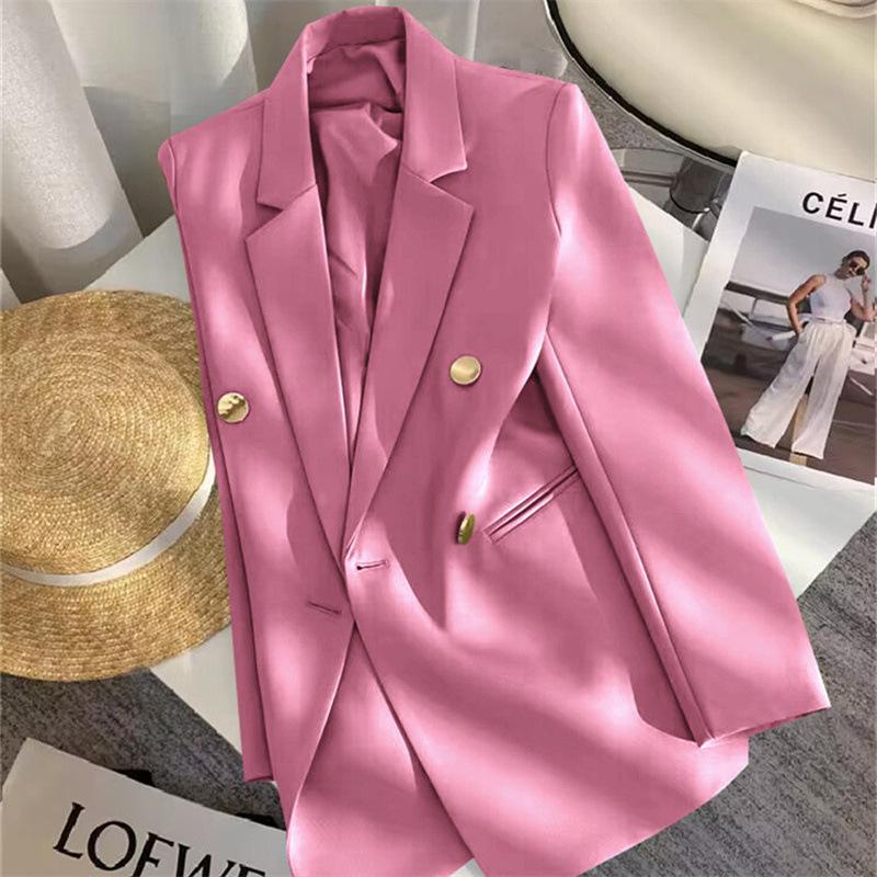 Women Long Sleeve Blazer Jacket Lapel Double Breasted Gold Button Loose Fit Office Casual Suit Outerwear Coat